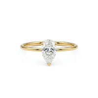 metalcolor:yellow Pear cut moissanite solitaire engagement ring with clear center stone in prong setting and minimalist band design