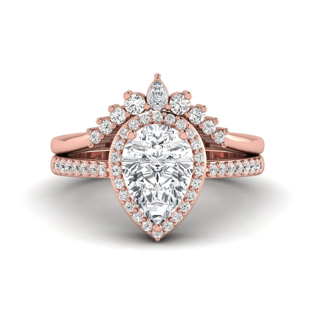 OctaPearl 2 ct Pear Halo Crown Bridal Ring Set Lab Grown Diamond