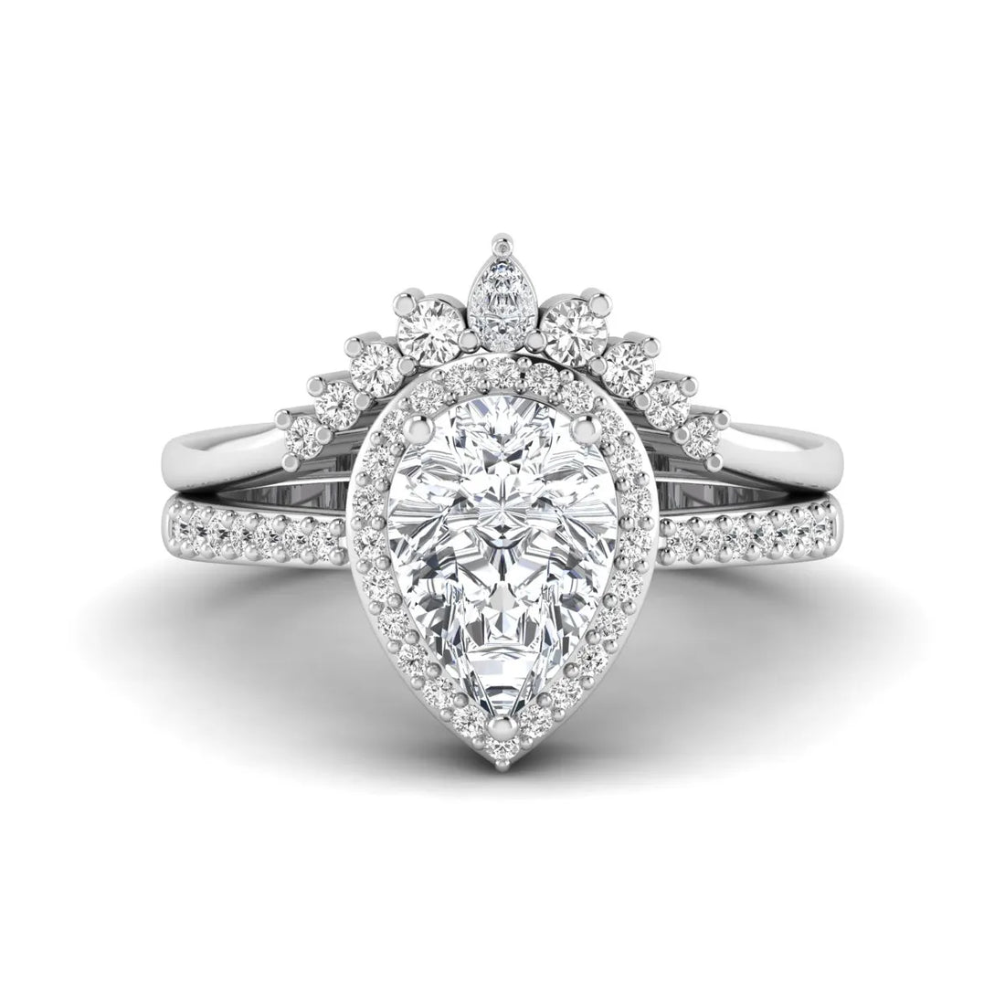 OctaPearl 2 ct Pear Halo Crown Bridal Ring Set Lab Grown Diamond