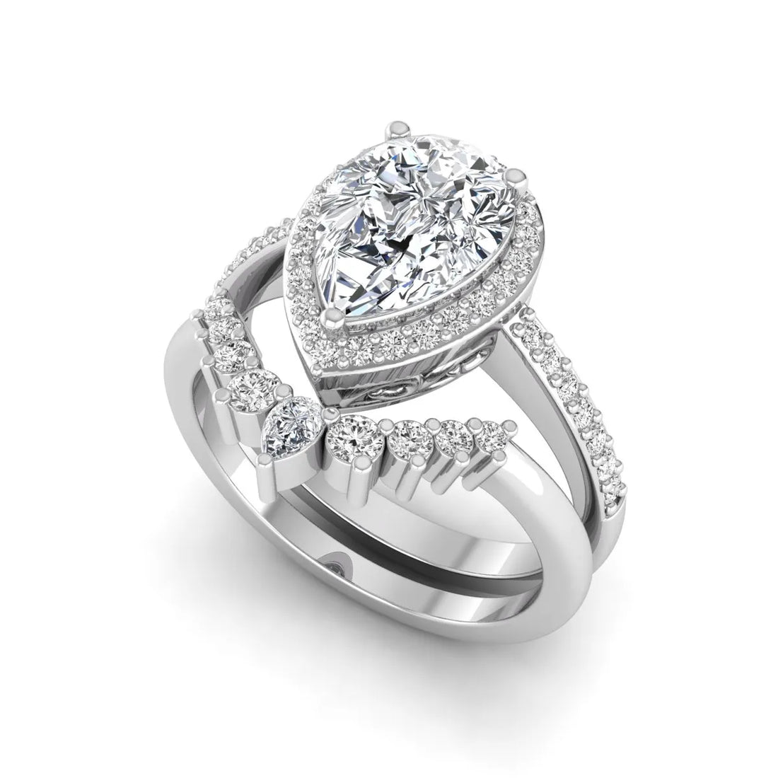 OctaPearl 2 ct Pear Halo Crown Bridal Ring Set Lab Grown Diamond