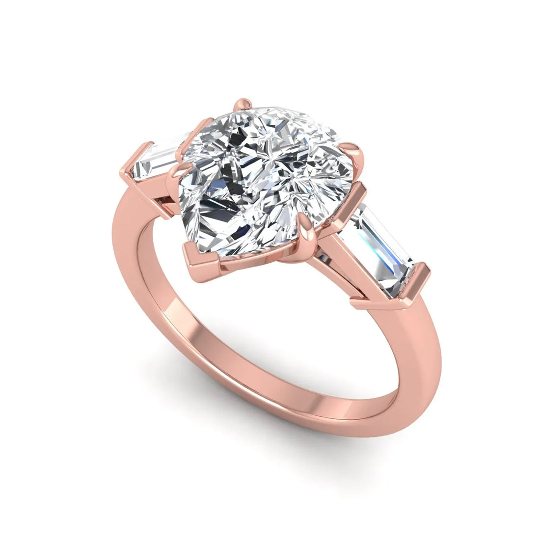 OctaPearl 2.5 ct Pear Three Stone Lab Grown Diamond Engagement Ring with Baguette Side Diamonds