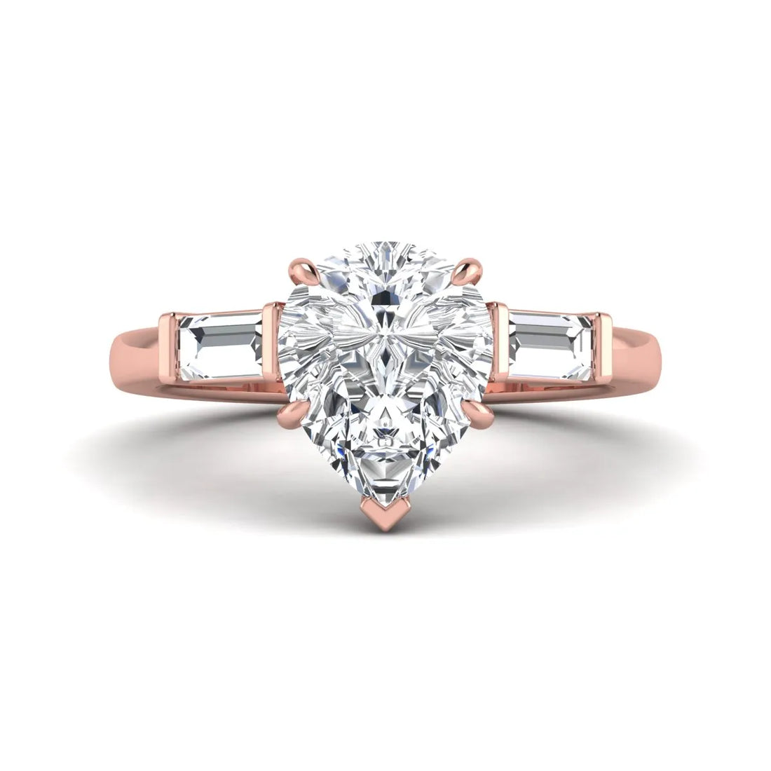 OctaPearl 2.5 ct Pear Three Stone Lab Grown Diamond Engagement Ring with Baguette Side Diamonds