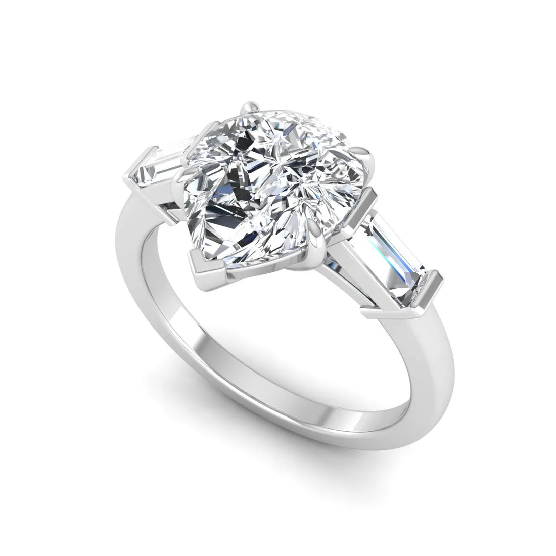 OctaPearl 2.5 ct Pear Three Stone Lab Grown Diamond Engagement Ring with Baguette Side Diamonds