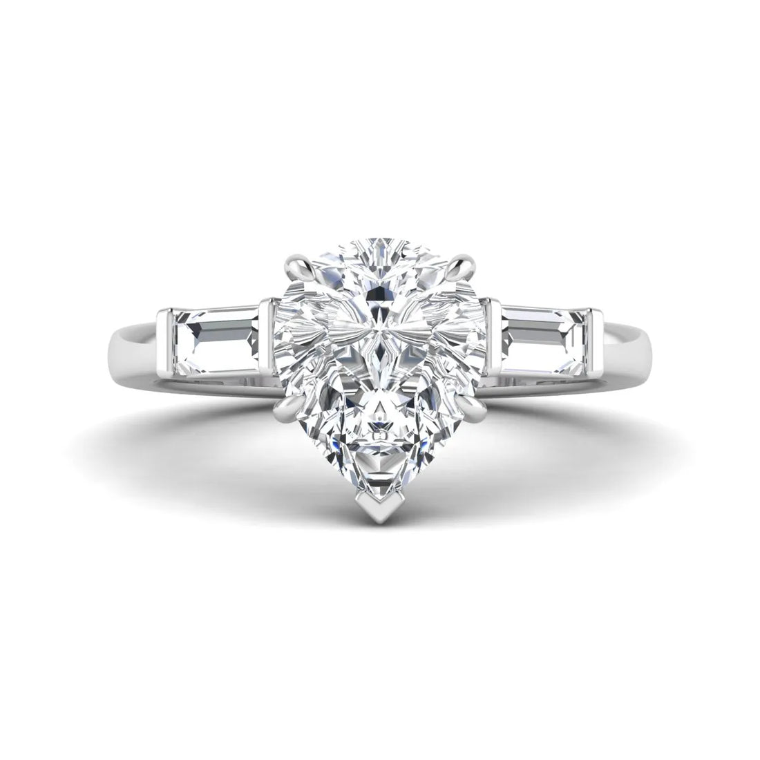 OctaPearl 2.5 ct Pear Three Stone Lab Grown Diamond Engagement Ring with Baguette Side Diamonds