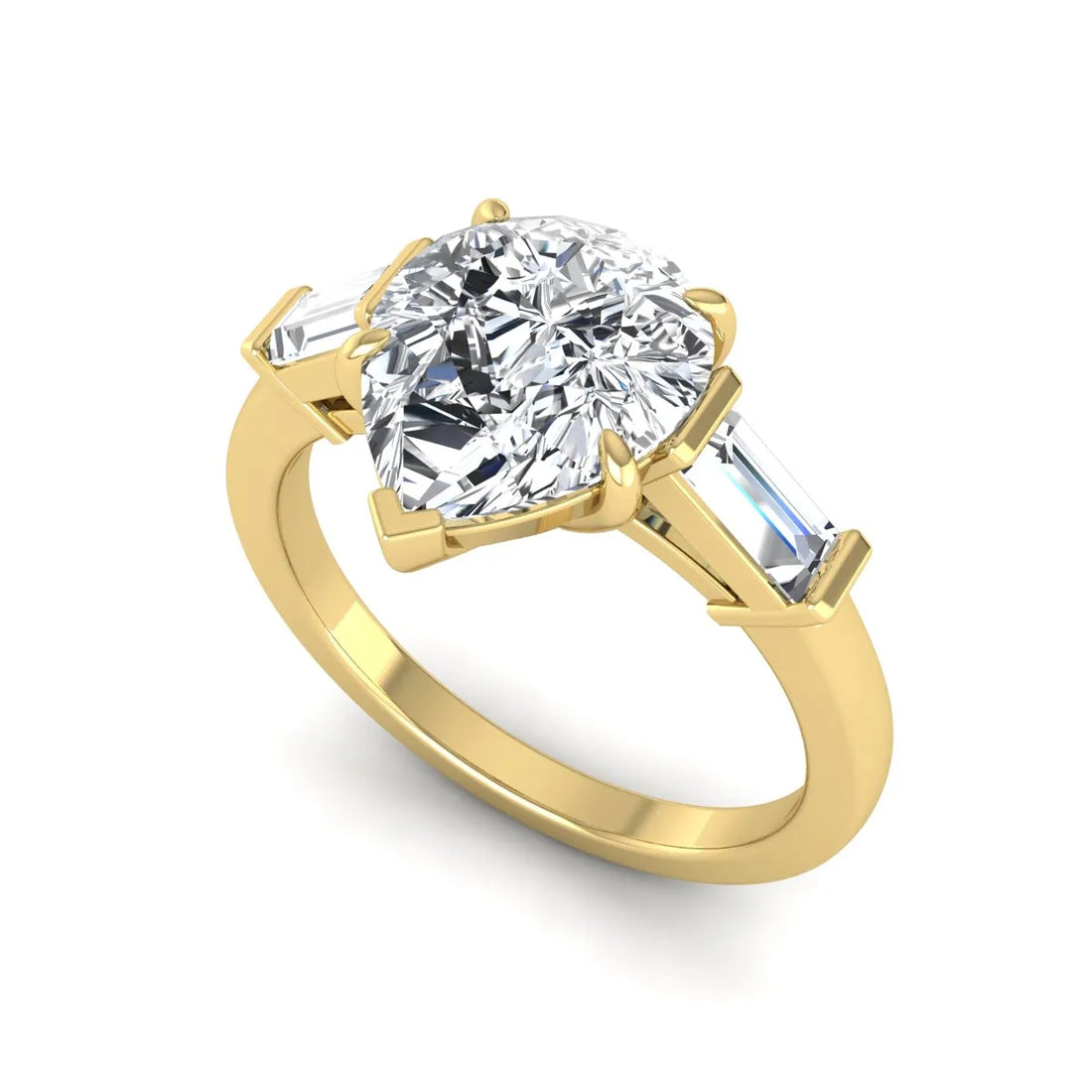 OctaPearl 2.5 ct Pear Three Stone Lab Grown Diamond Engagement Ring with Baguette Side Diamonds