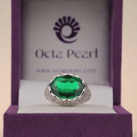 Art Deco Inspired Emerald CZ Ring, Oval Green Stone Filigree Engagement Cocktail Ring