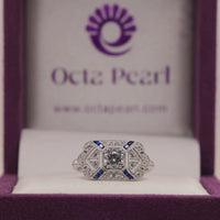 Milgrain Art Deco Vintage Engagement Ring with Round & Blue Sapphire Fancy CZ Stone