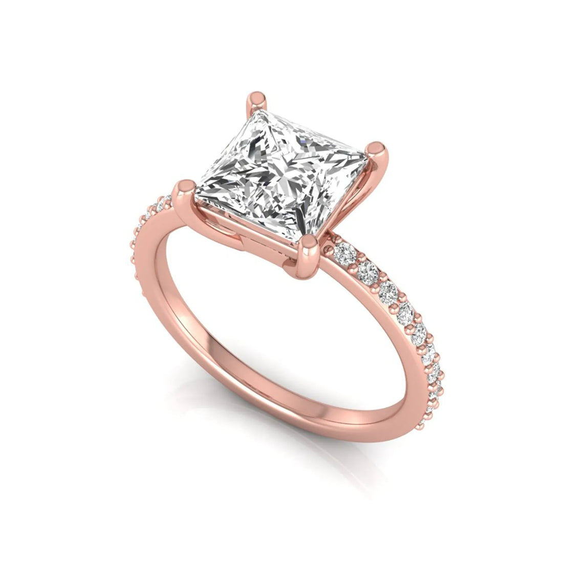 OctaPearl 2 ct Princess Cut Four Prong Lab Grown Diamond Engagement Ring with Pavé Band
