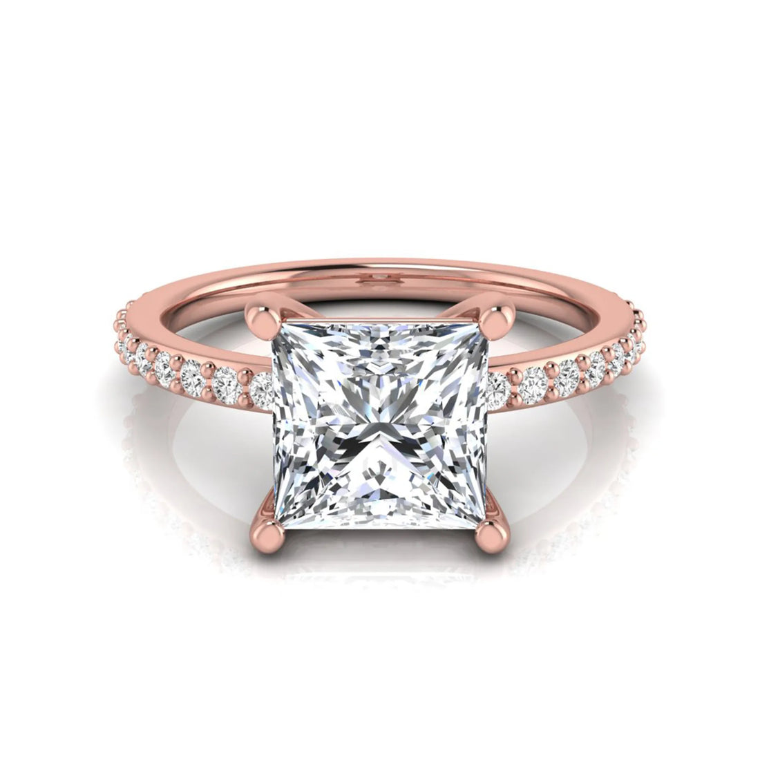 OctaPearl 2 ct Princess Cut Four Prong Lab Grown Diamond Engagement Ring with Pavé Band