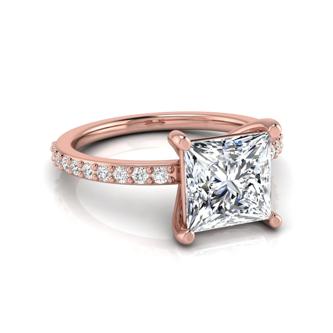 OctaPearl 2 ct Princess Cut Four Prong Lab Grown Diamond Engagement Ring with Pavé Band