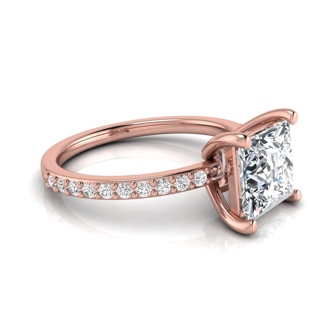 OctaPearl 2 ct Princess Cut Four Prong Lab Grown Diamond Engagement Ring with Pavé Band