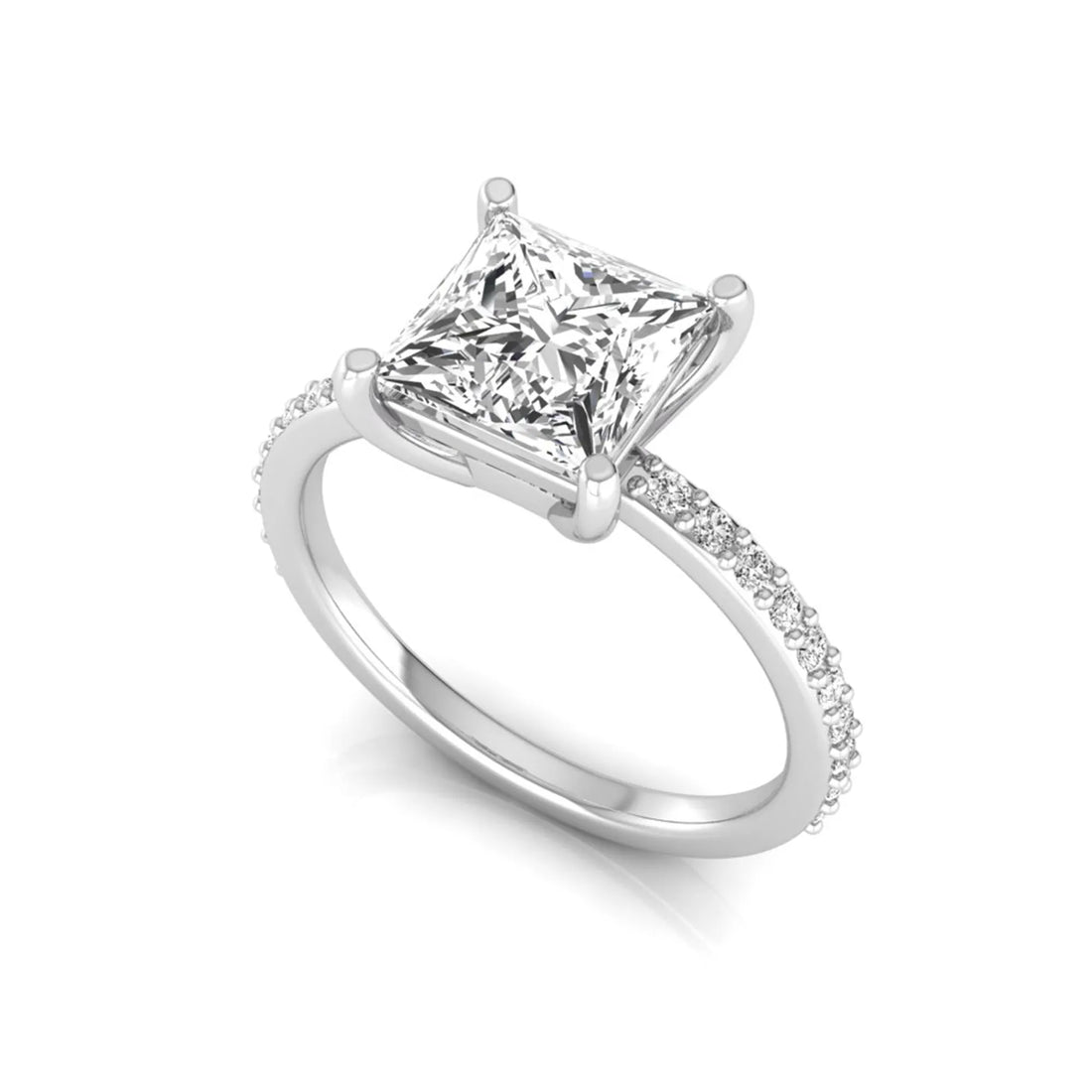 OctaPearl 2 ct Princess Cut Four Prong Lab Grown Diamond Engagement Ring with Pavé Band