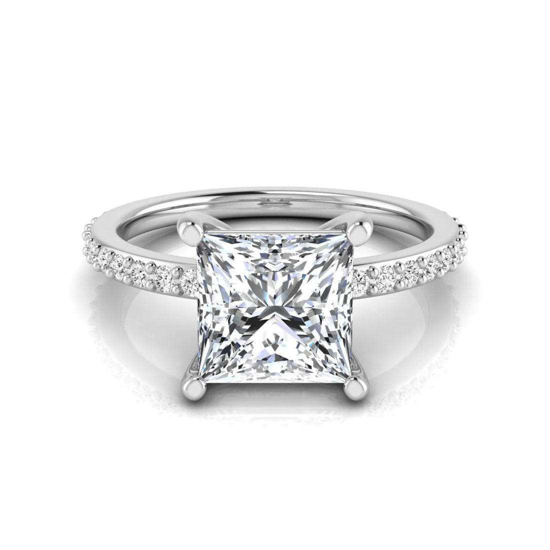 OctaPearl 2 ct Princess Cut Four Prong Lab Grown Diamond Engagement Ring with Pavé Band