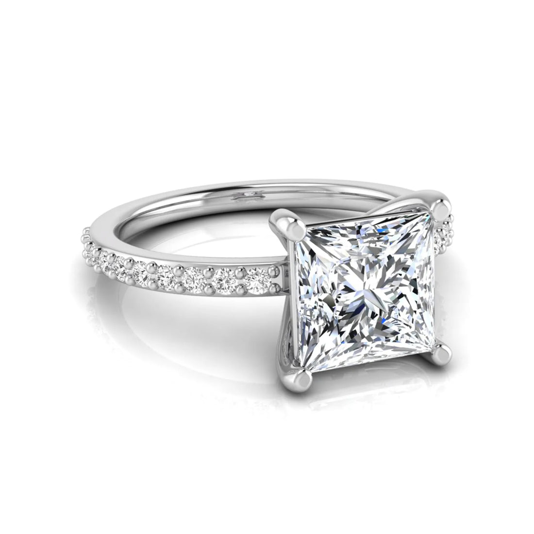 OctaPearl 2 ct Princess Cut Four Prong Lab Grown Diamond Engagement Ring with Pavé Band