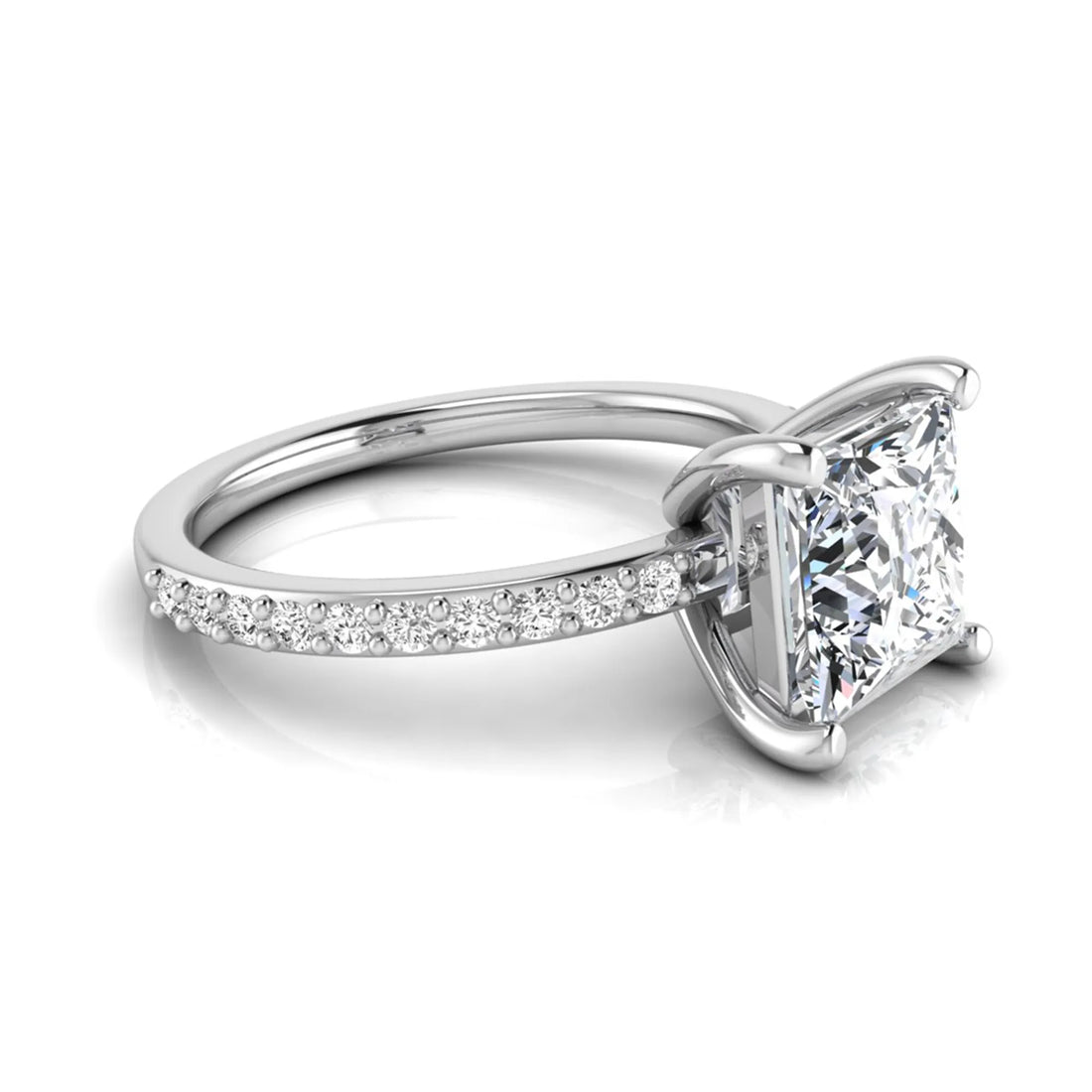 OctaPearl 2 ct Princess Cut Four Prong Lab Grown Diamond Engagement Ring with Pavé Band