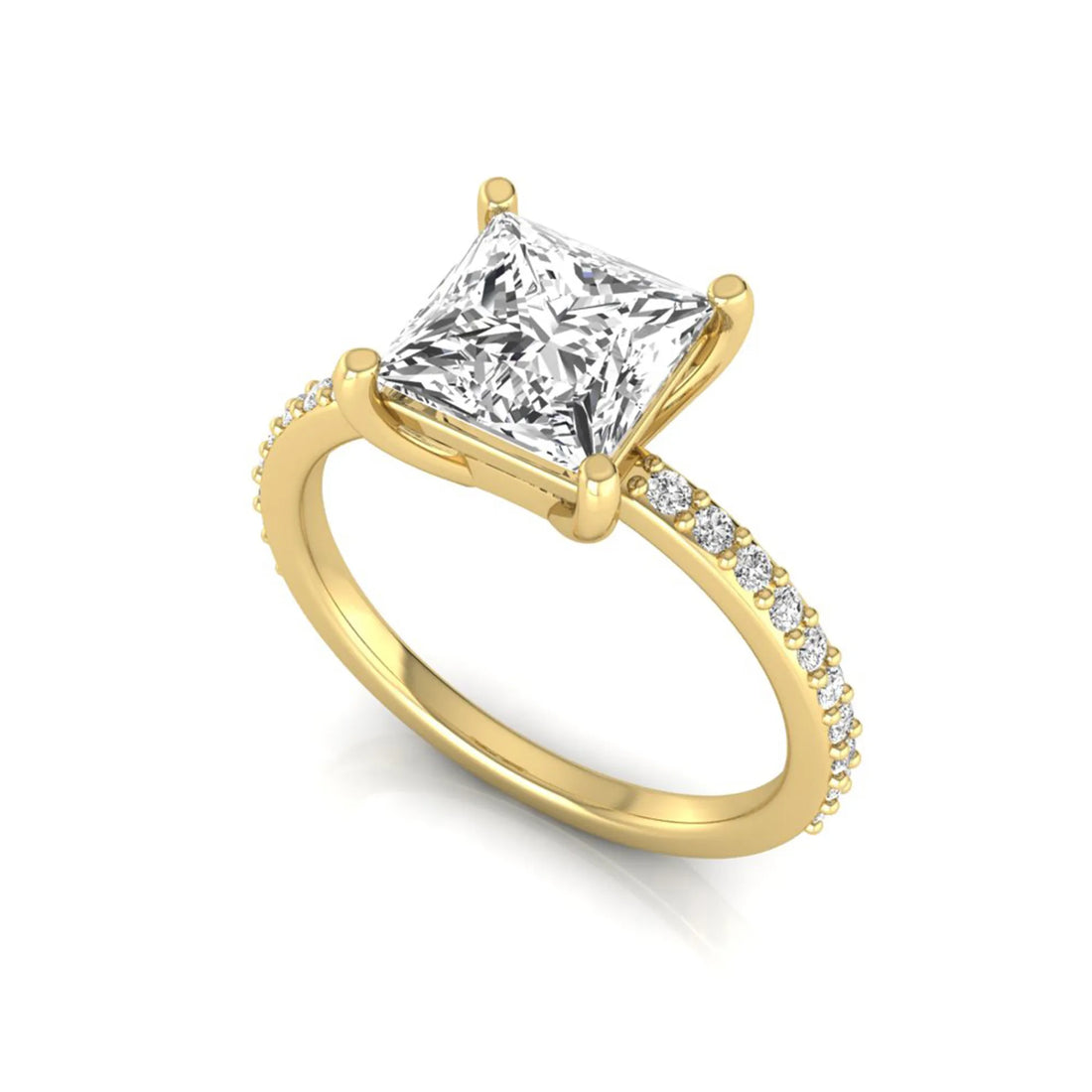 OctaPearl 2 ct Princess Cut Four Prong Lab Grown Diamond Engagement Ring with Pavé Band