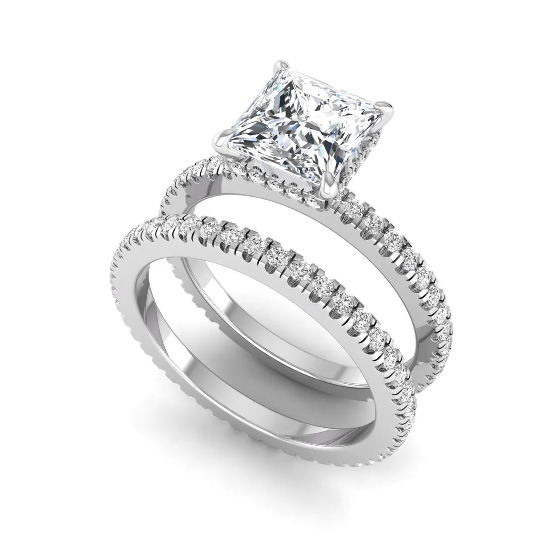 OctaPearl 2 ct Princess Cut Lab Grown Diamond Bridal Ring Set with Eternity Band