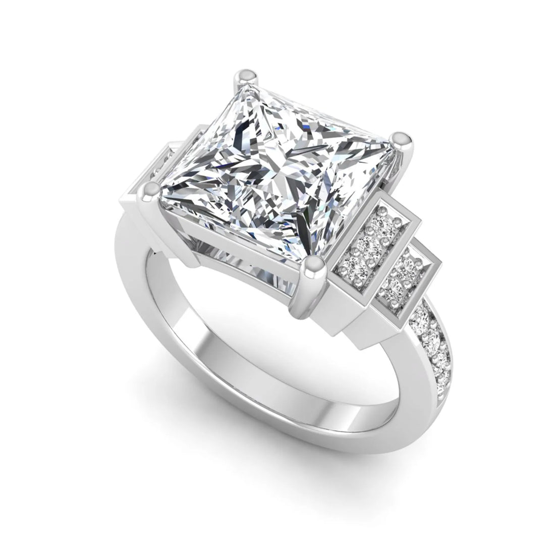 OctaPearl 4 ct Princess Cut Lab Grown Diamond Engagement Ring with Channel Set Side Diamonds