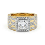 Men's princess cut Moissanite halo ring with wide geometric pavé band and statement luxury design in yellow tone metal.