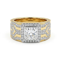 Men's princess cut Moissanite halo ring with wide geometric pavé band and statement luxury design in yellow tone metal.