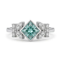 Princess Cut Moissanite Leaf Accent Engagement Ring