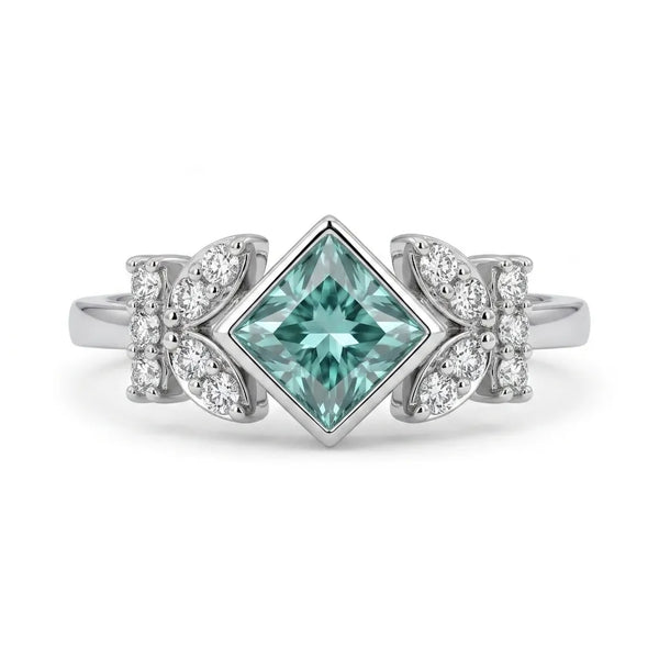 Princess Cut Moissanite Leaf Accent Engagement Ring