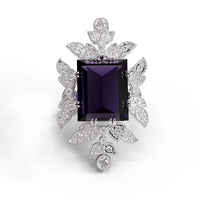 Purple baguette cut CZ statement ring with round cut accent stones and floral-inspired luxury design