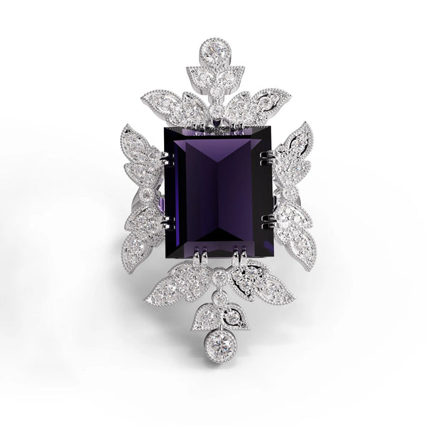 Purple Baguette Cut CZ Floral Statement Ring