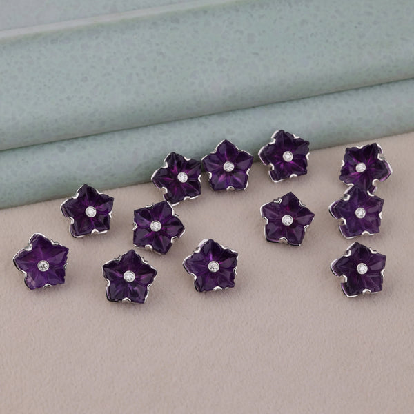 Purple Gemstone Floral 925 Silver Button Set