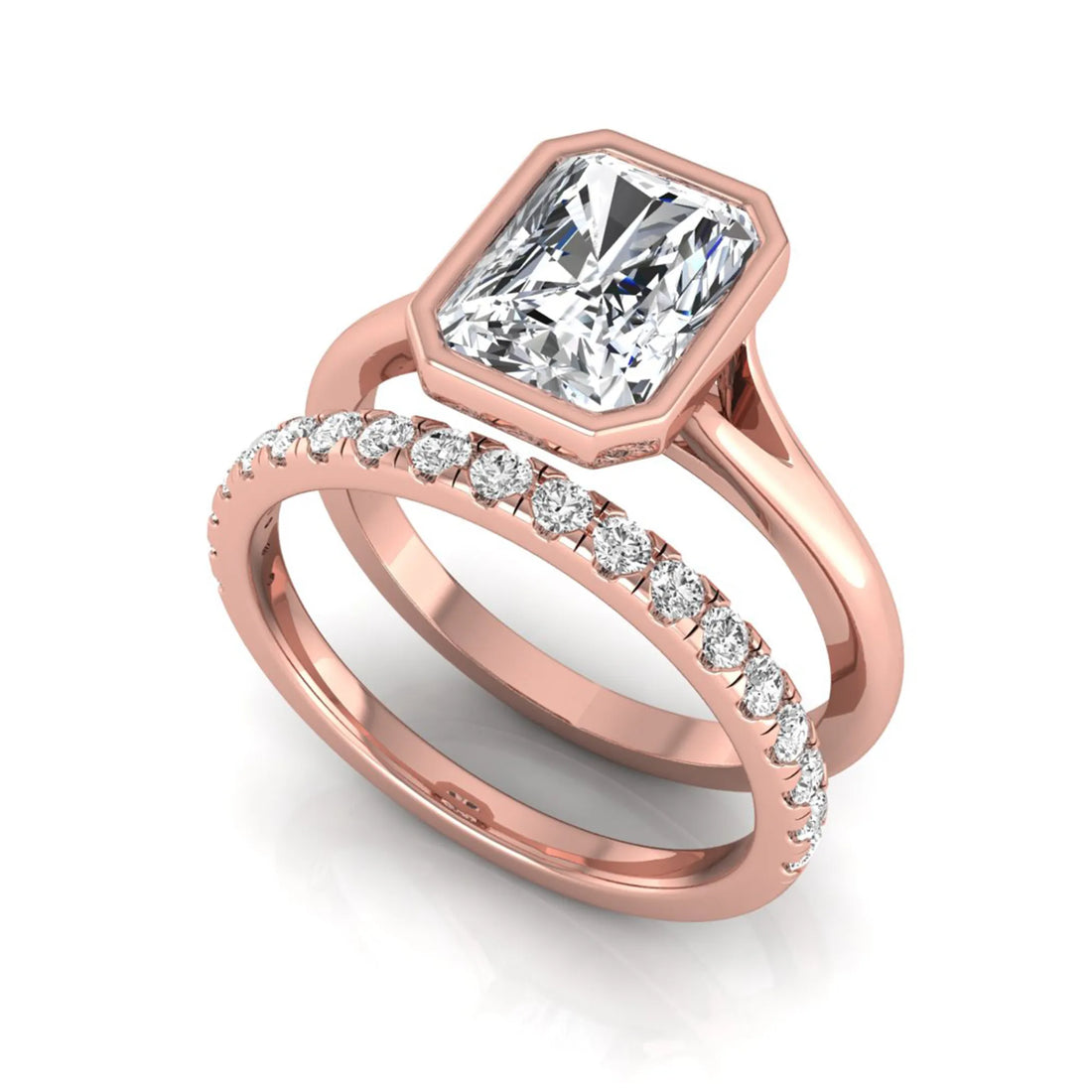 OctaPearl 1.5 ct Radiant Bezel Set Lab Grown Diamond Bridal Ring Set
