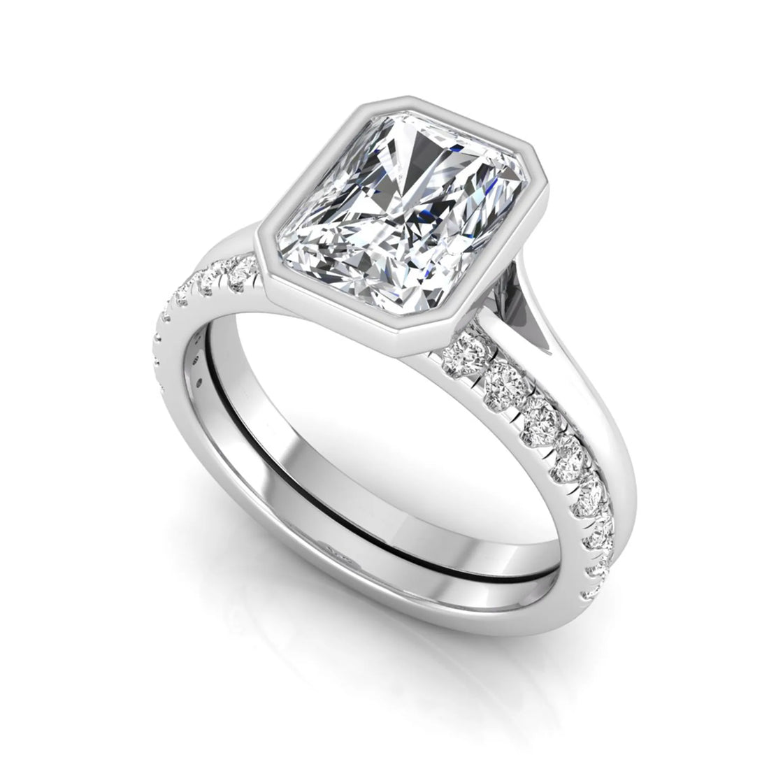 OctaPearl 1.5 ct Radiant Bezel Set Lab Grown Diamond Bridal Ring Set