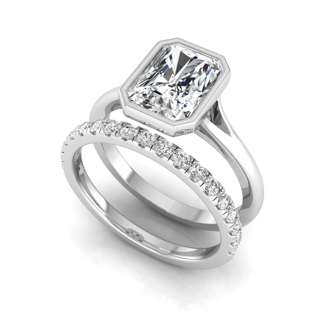 OctaPearl 1.5 ct Radiant Bezel Set Lab Grown Diamond Bridal Ring Set