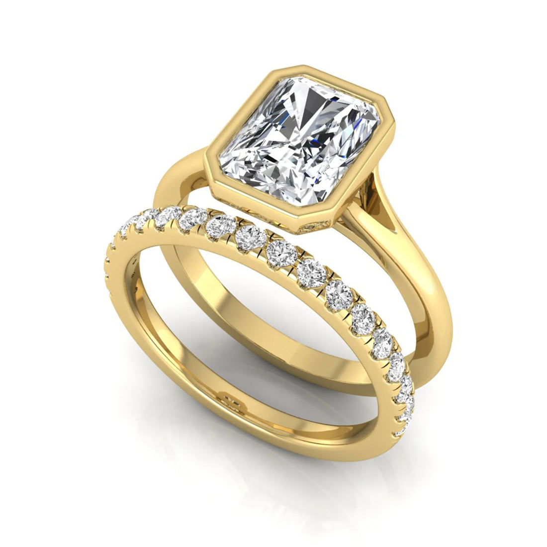 OctaPearl 1.5 ct Radiant Bezel Set Lab Grown Diamond Bridal Ring Set