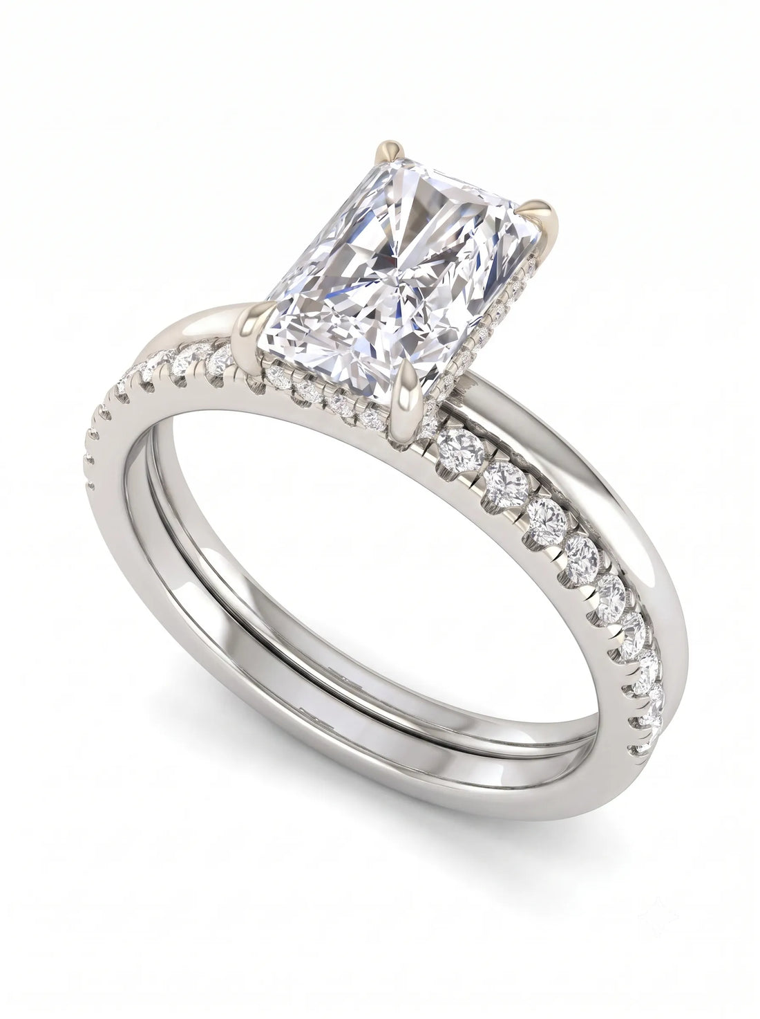 OctaPearl 2 ct Radiant Hidden Halo Pavé Lab Grown Diamond Bridal Ring Set