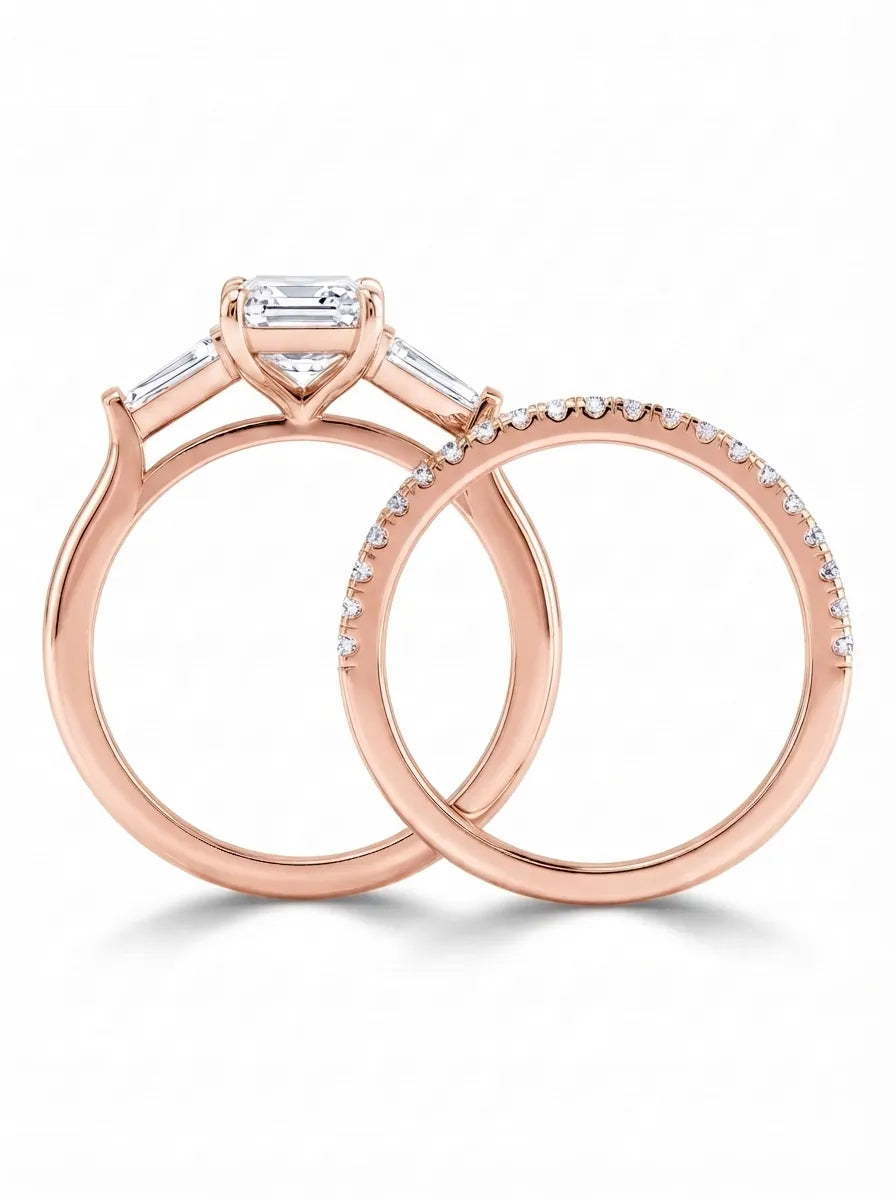 OctaPearl 1.5 ct Radiant Three Stone Lab Grown Diamond Pavé Wedding Bridal Ring Set