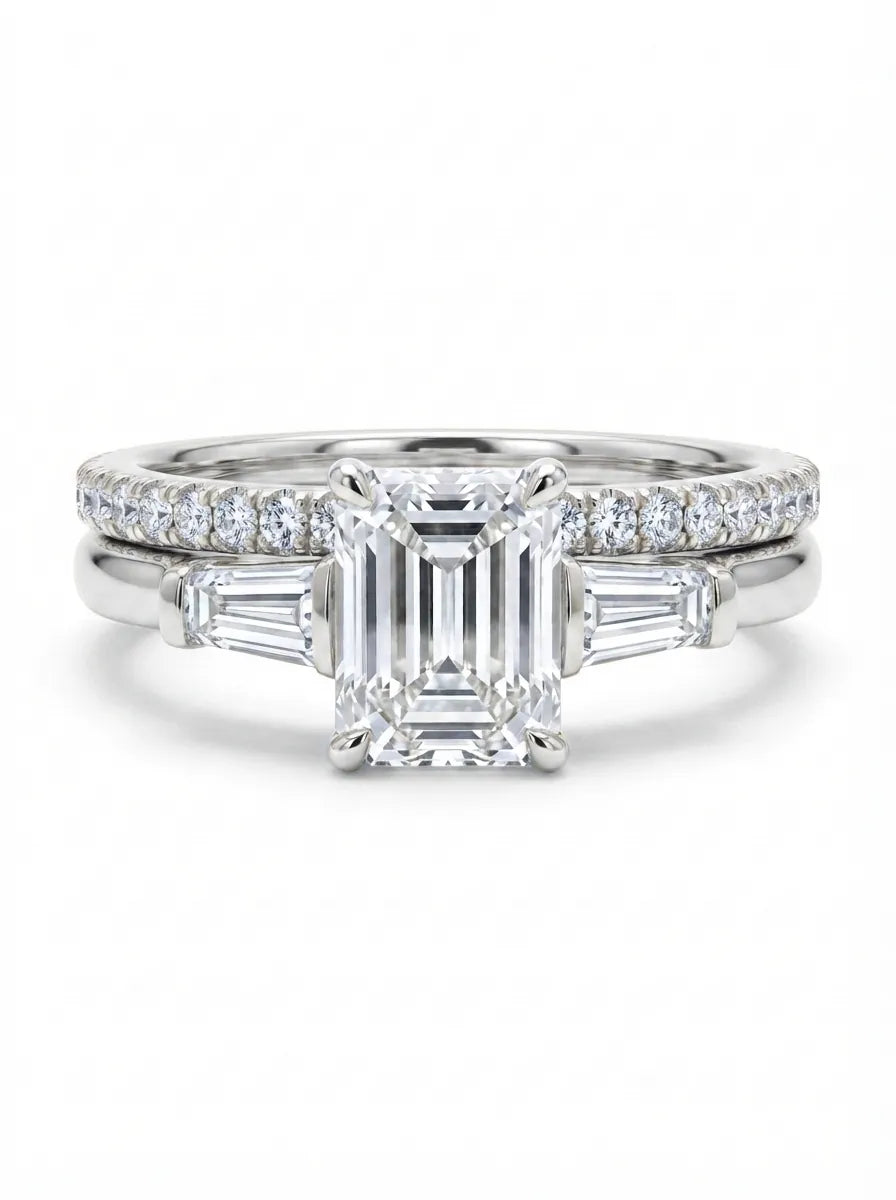 OctaPearl 1.5 ct Radiant Three Stone Lab Grown Diamond Pavé Wedding Bridal Ring Set