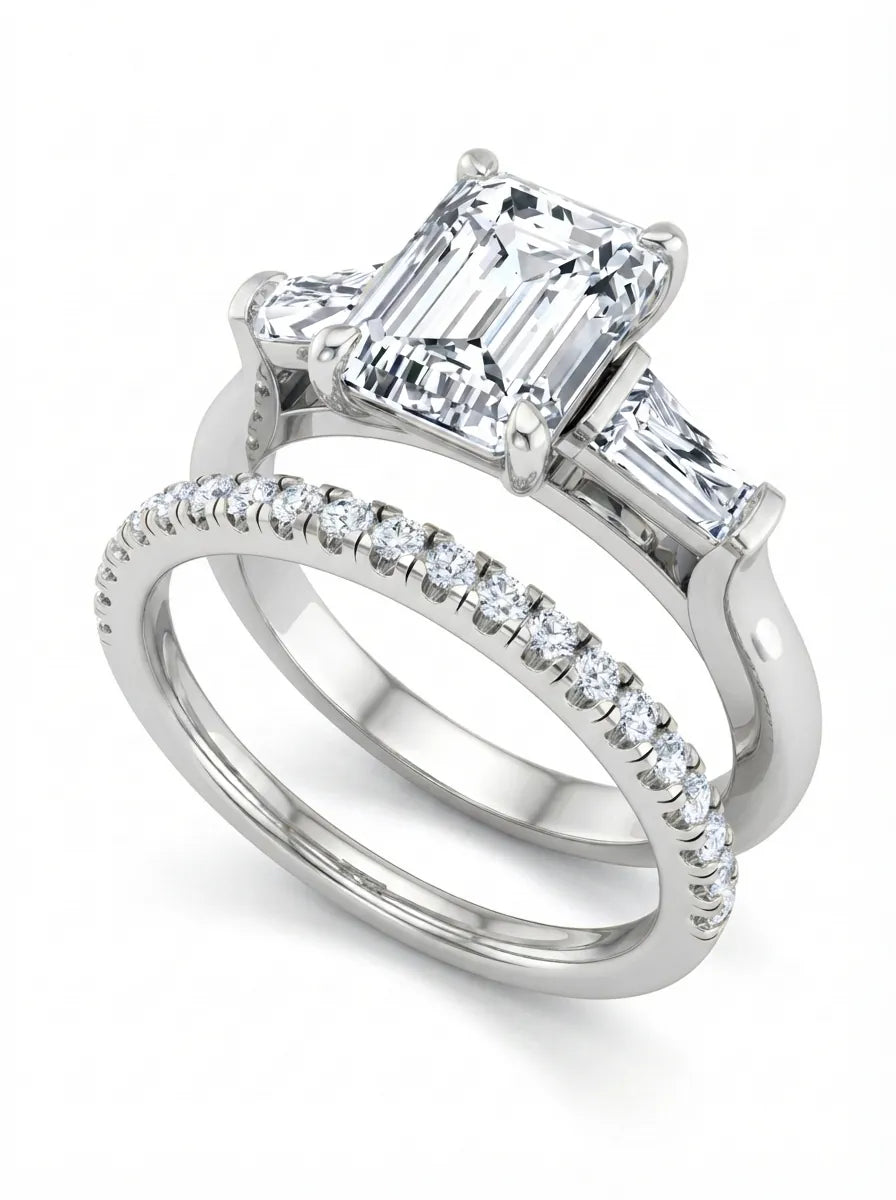 OctaPearl 1.5 ct Radiant Three Stone Lab Grown Diamond Pavé Wedding Bridal Ring Set