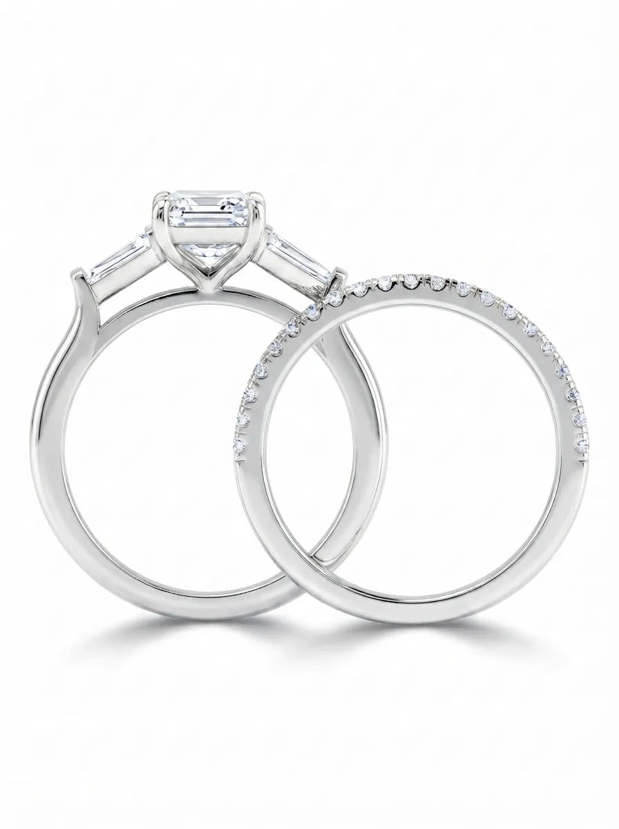 OctaPearl 1.5 ct Radiant Three Stone Lab Grown Diamond Pavé Wedding Bridal Ring Set