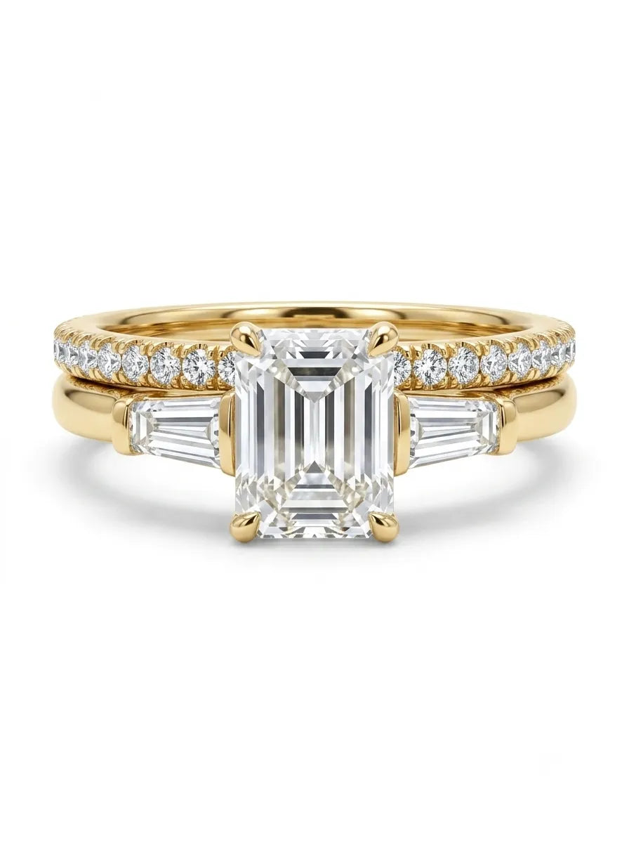 OctaPearl 1.5 ct Radiant Three Stone Lab Grown Diamond Pavé Wedding Bridal Ring Set