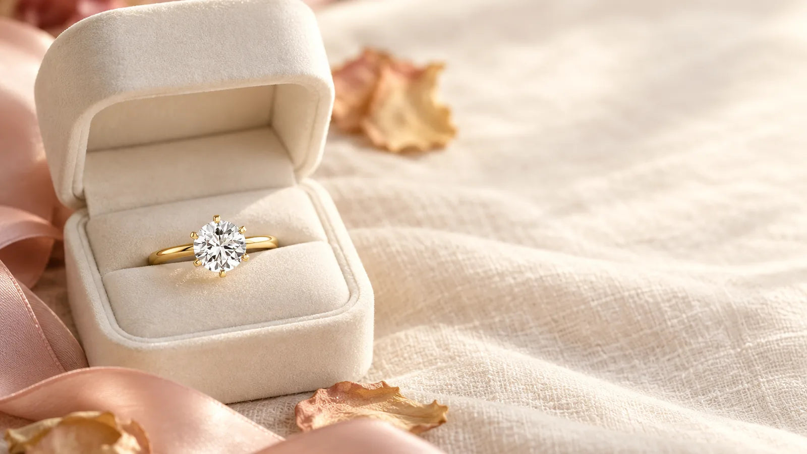 Lab-grown diamond solitaire engagement ring in an open ivory ring box with a pink satin ribbon