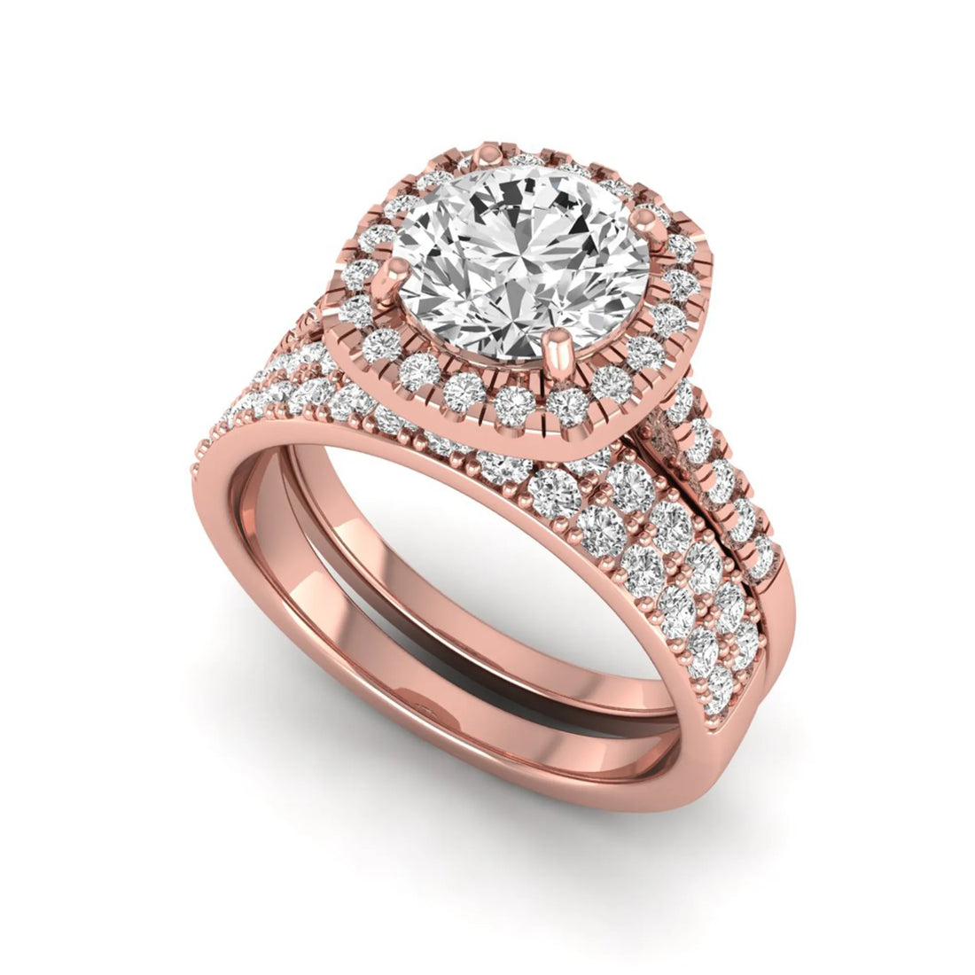 OctaPearl 2 ct Round Halo lab Grown Diamond Wedding Bridal Ring Set