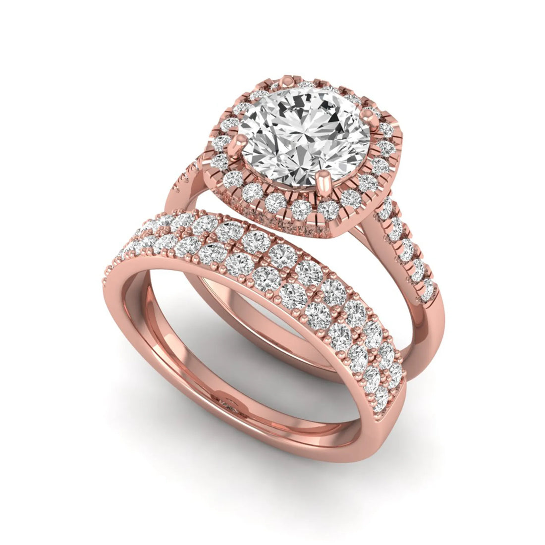OctaPearl 2 ct Round Halo lab Grown Diamond Wedding Bridal Ring Set