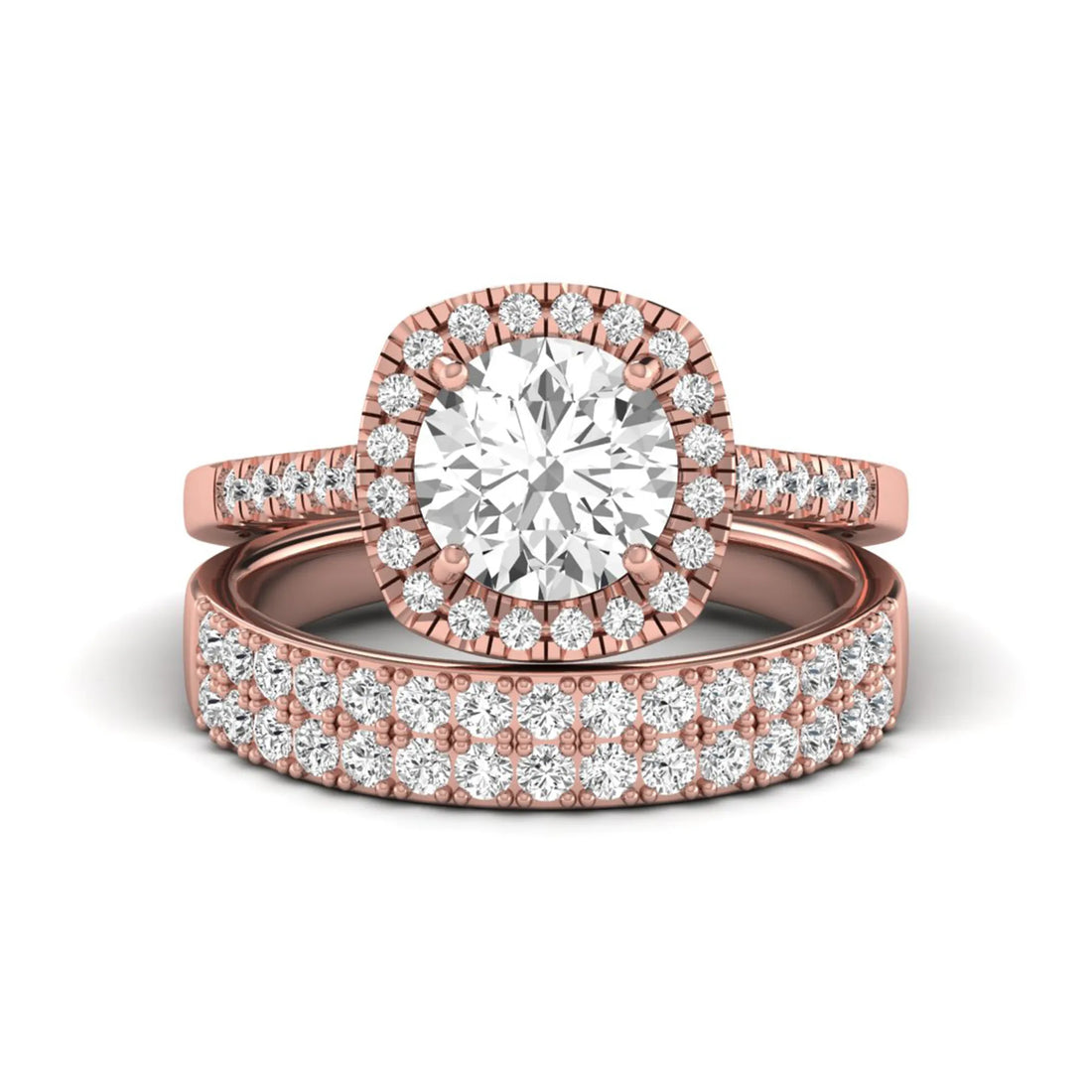OctaPearl 2 ct Round Halo lab Grown Diamond Wedding Bridal Ring Set