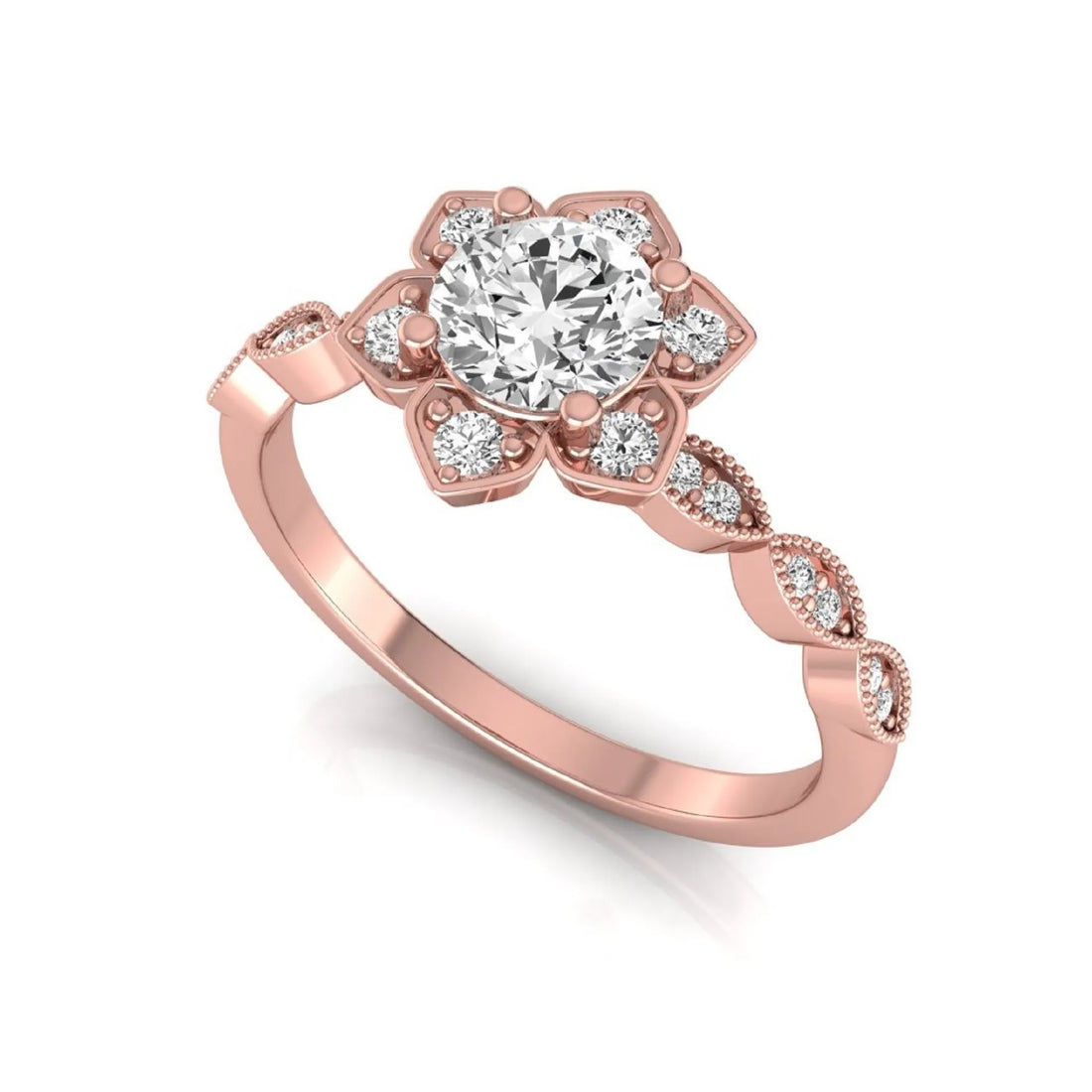 OctaPearl Round Cut Floral Lab Grown Diamond Engagement Ring