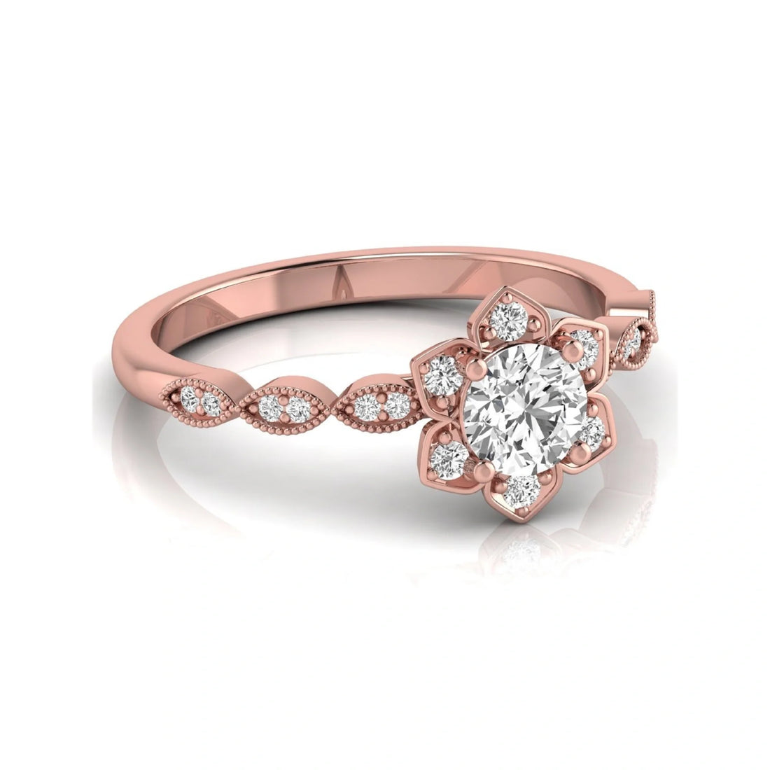 OctaPearl Round Cut Floral Lab Grown Diamond Engagement Ring