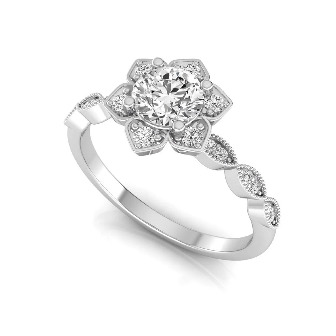 OctaPearl Round Cut Floral Lab Grown Diamond Engagement Ring