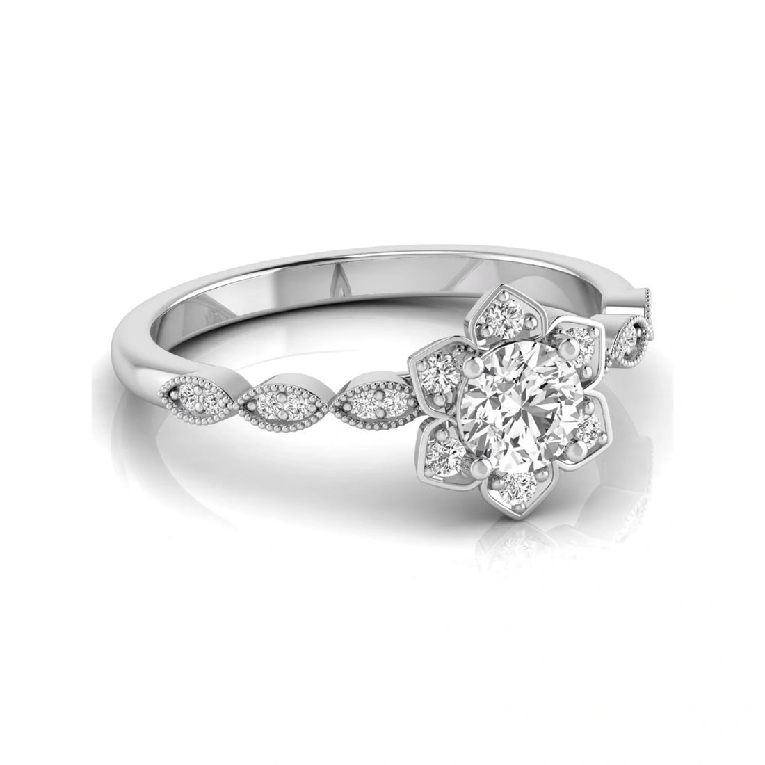 OctaPearl Round Cut Floral Lab Grown Diamond Engagement Ring