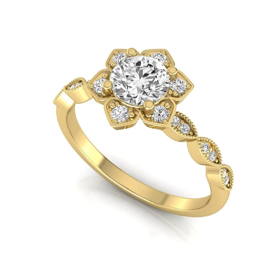 OctaPearl Round Cut Floral Lab Grown Diamond Engagement Ring