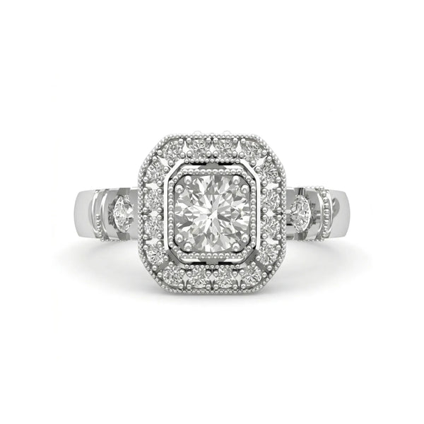Round Cut Halo Moissanite Engagement Ring | Vintage Cushion Frame Ring