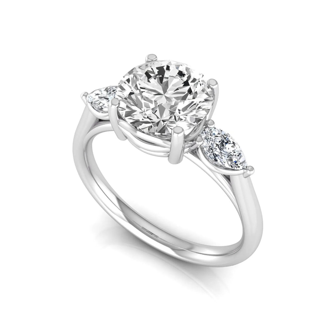 OctaPearl 2 ct Round Cut Lab Grown Diamond Three Stone Engagement Ring with Pear Side Diamonds